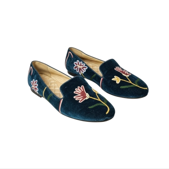 Birdies Shoes - Birdies Velvet Floral Embroidered Loafer Flats Blue Womens